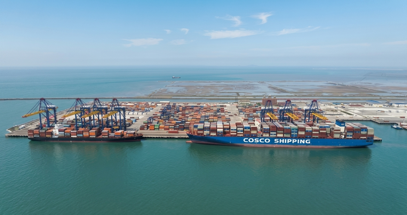 Toàn cảnh tàu COSCO SHIPPING AQUARIUS dài 400m, tải trọng 197.087 DWT khi cập cảng HHIT, ghi dấu bước tiến mới trong khả năng tiếp nhận và khai thác tàu siêu lớn của Hải Phòng.